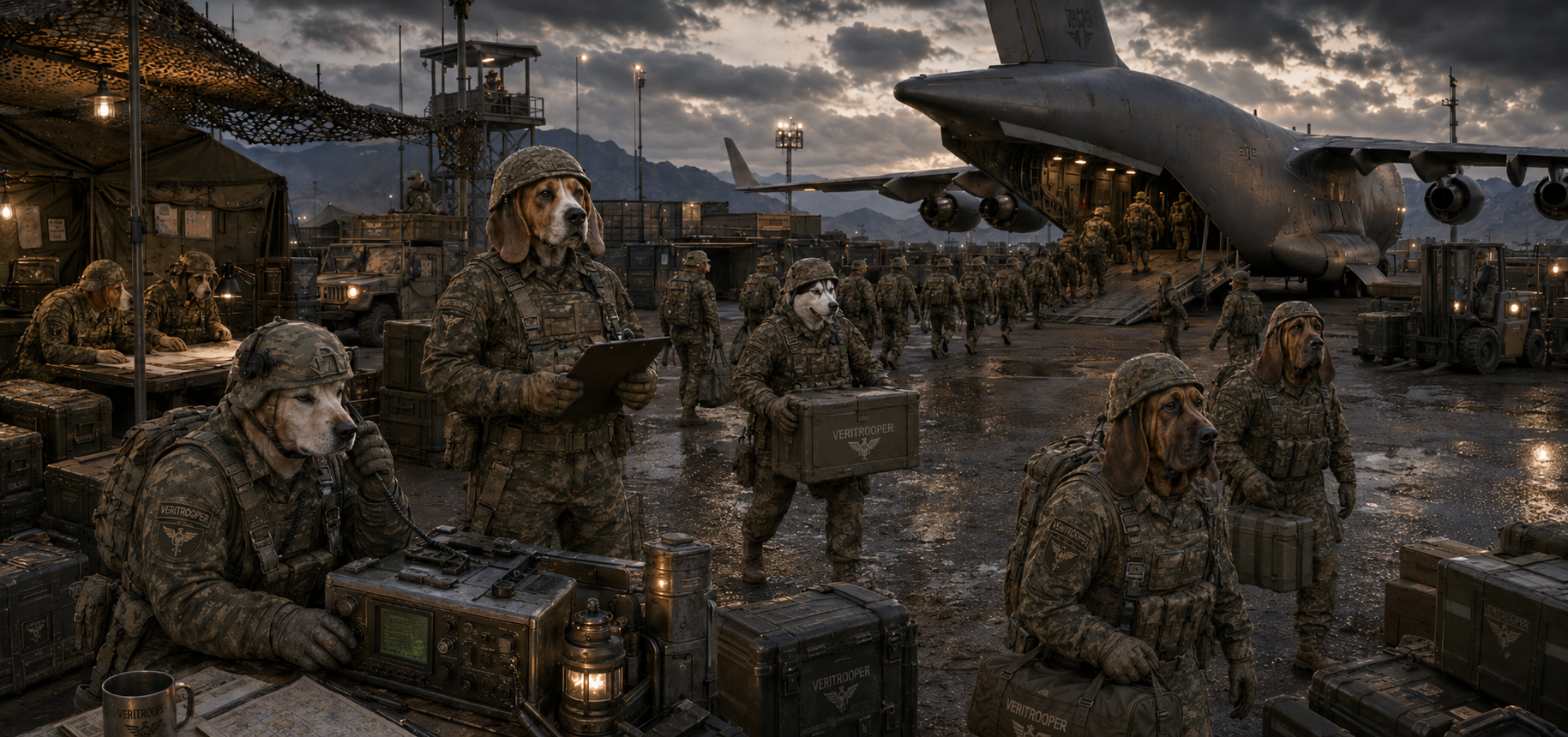 The Veritroopers — a K9 paratrooper unit at a forward airfield, loading a transport to deploy