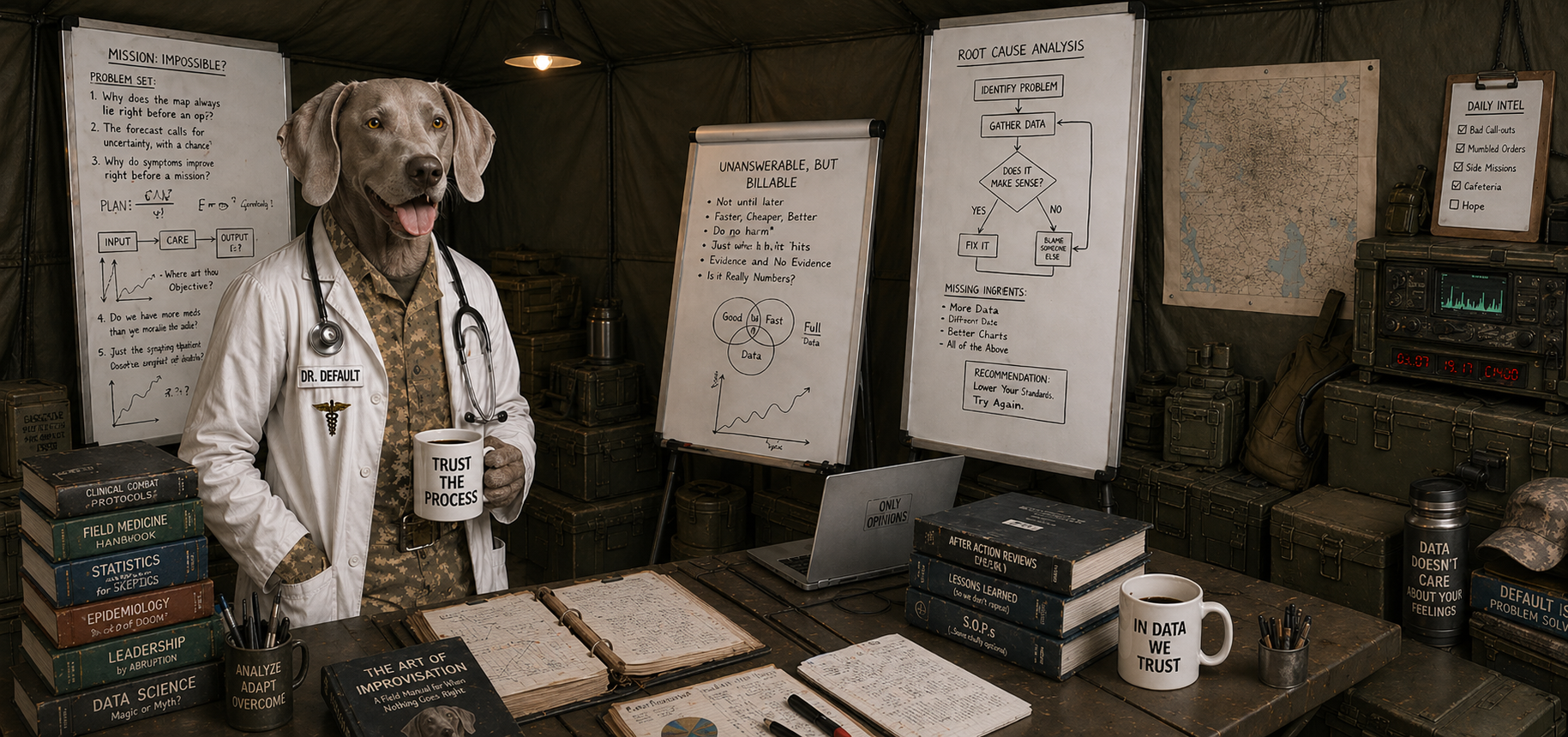 Dr. Default &mdash; Weimaraner in a lab coat, surrounded by case files