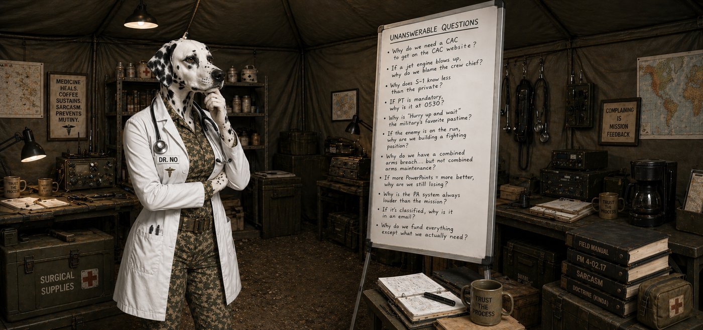Dr. No &mdash; Dalmatian in a lab coat, in front of a whiteboard of unanswerable questions