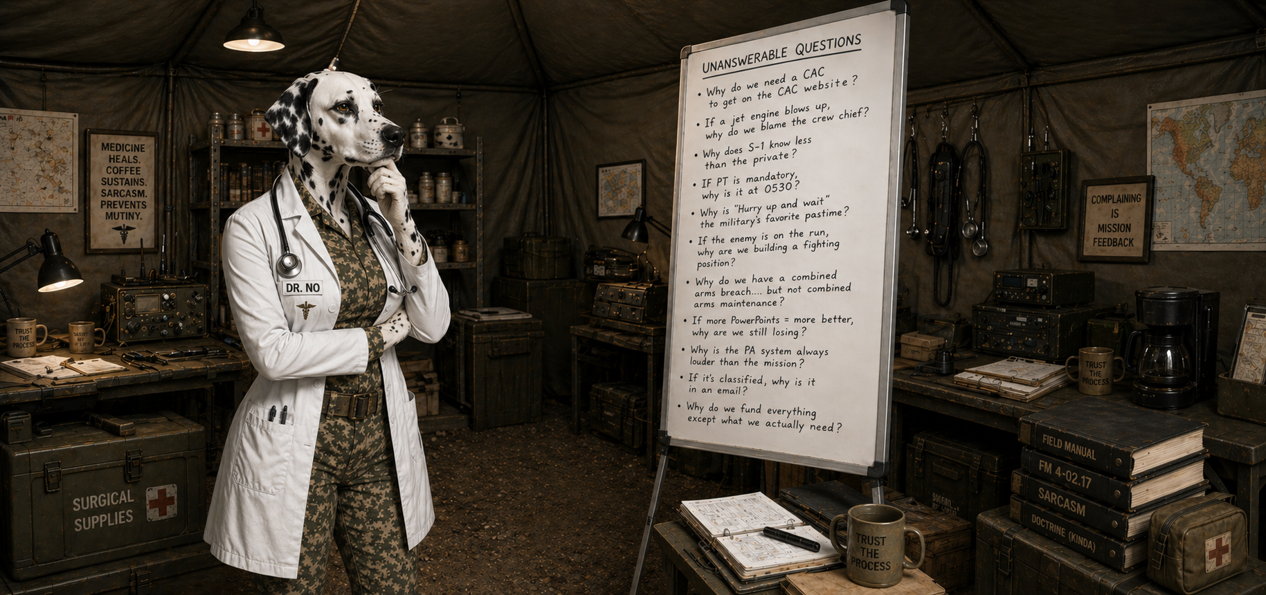 Dr. No &mdash; Dalmatian in a lab coat, in front of a whiteboard of unanswerable questions