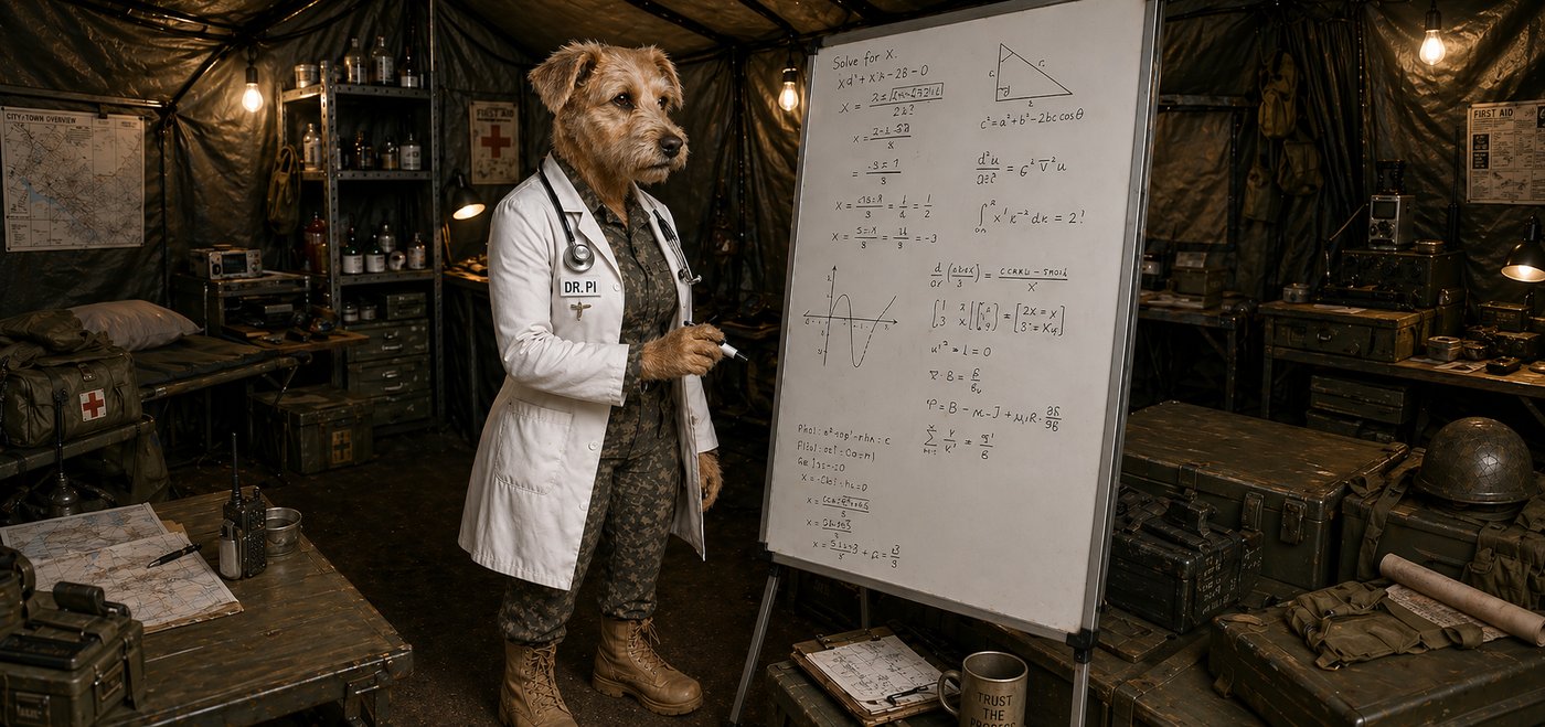 Dr. Pi &mdash; scruffy terrier in glasses and a lab coat, working a whiteboard full of math