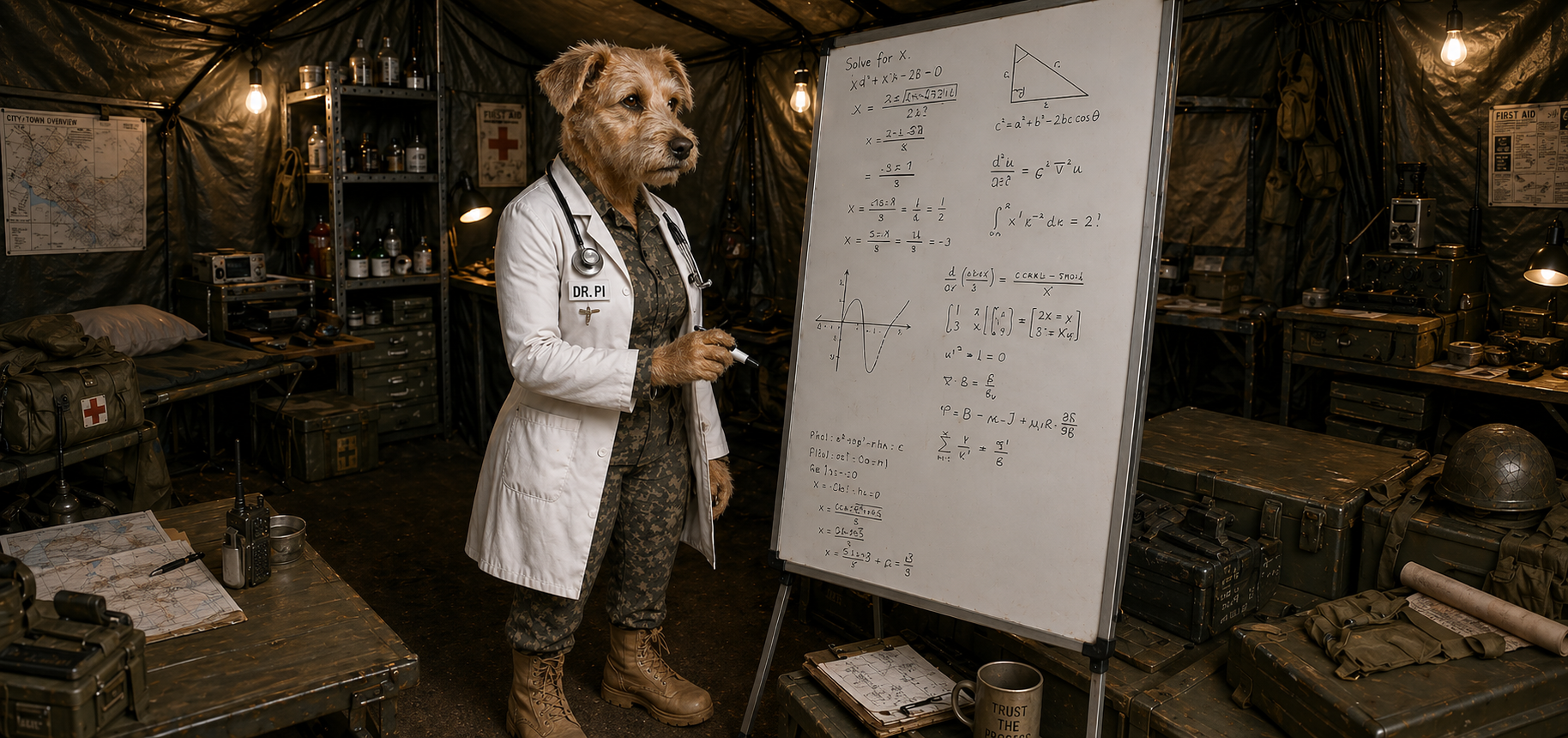 Dr. Pi &mdash; scruffy terrier in glasses and a lab coat, working a whiteboard full of math