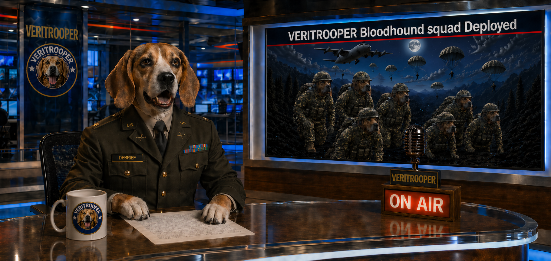 Major Debrief &mdash; beagle in service dress at an &ldquo;ON AIR&rdquo; anchor desk