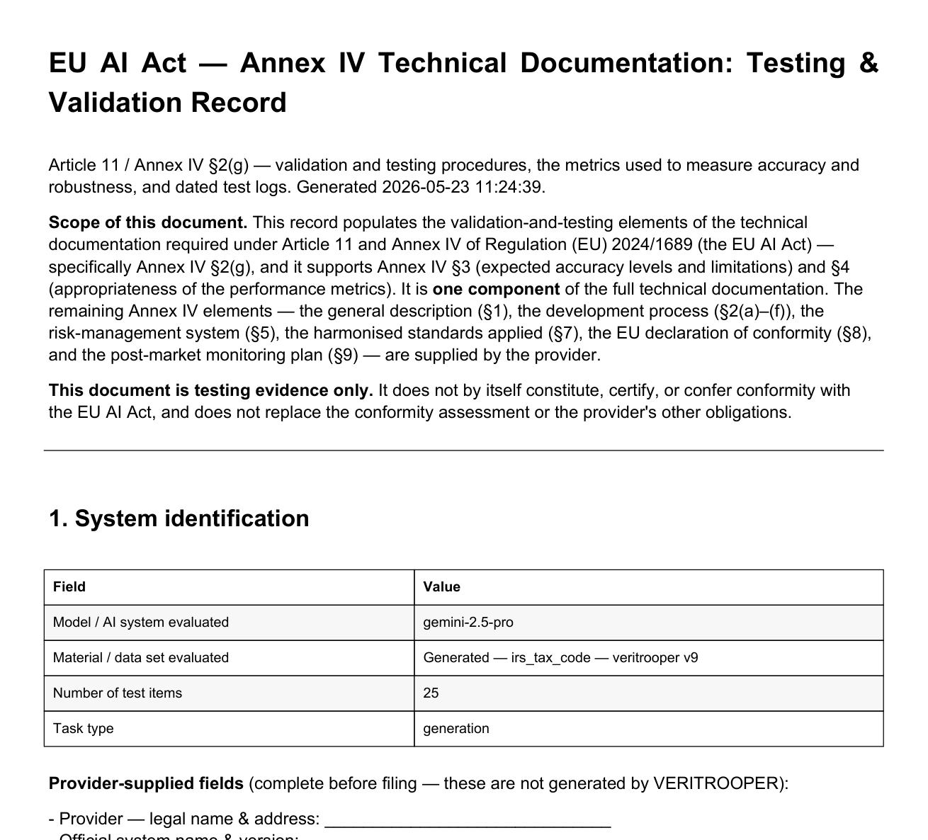Top of a VERITROOPER-generated EU AI Act Annex IV testing and validation record: title, scope, and system-identification section